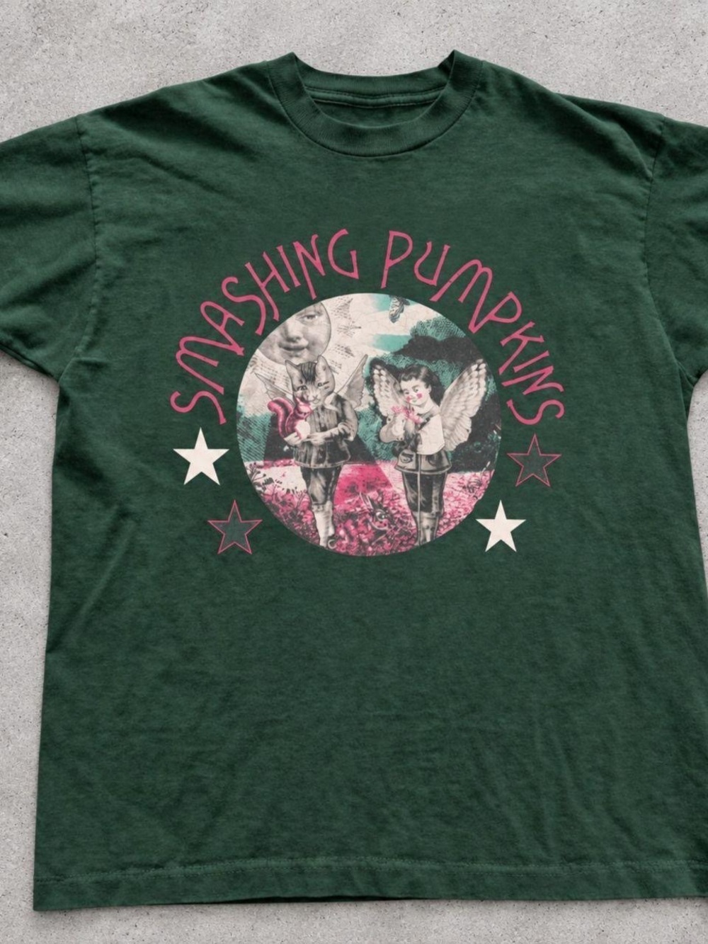 Gildan Dark Green Smashing Pumpkins Graphic Tee with Pink Accents